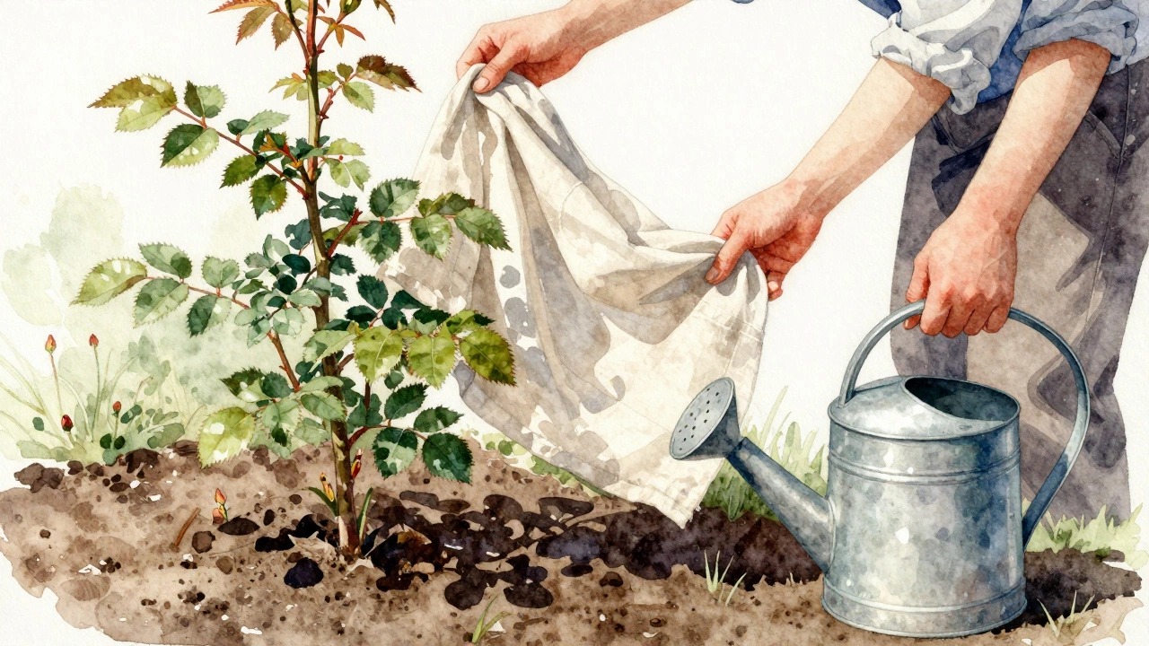 Садовник накрывает розу лёгкой тканью, чтобы защитить её от солнца после заморозка.