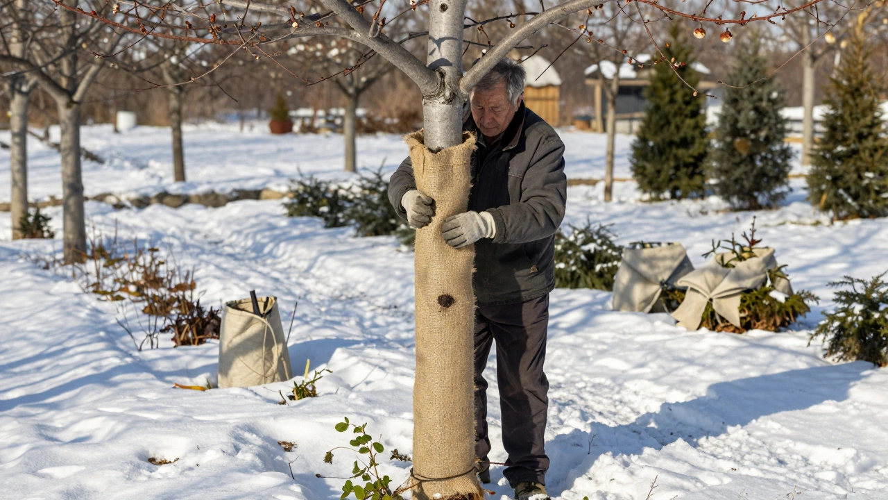 Садовник обвязывает ствол дерева мешковиной зимой