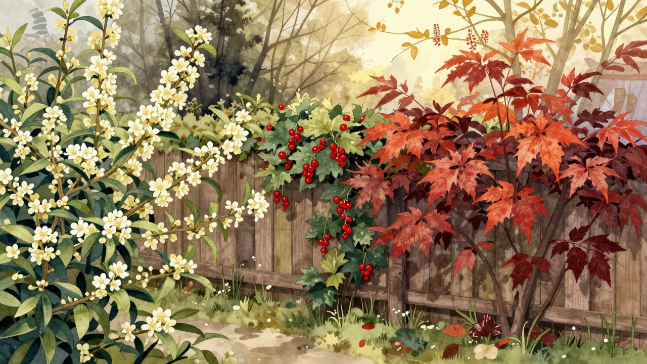 Сезонный сад с цветущим чубушником, смородиной и кизильником вдоль забора, золотистый закат.