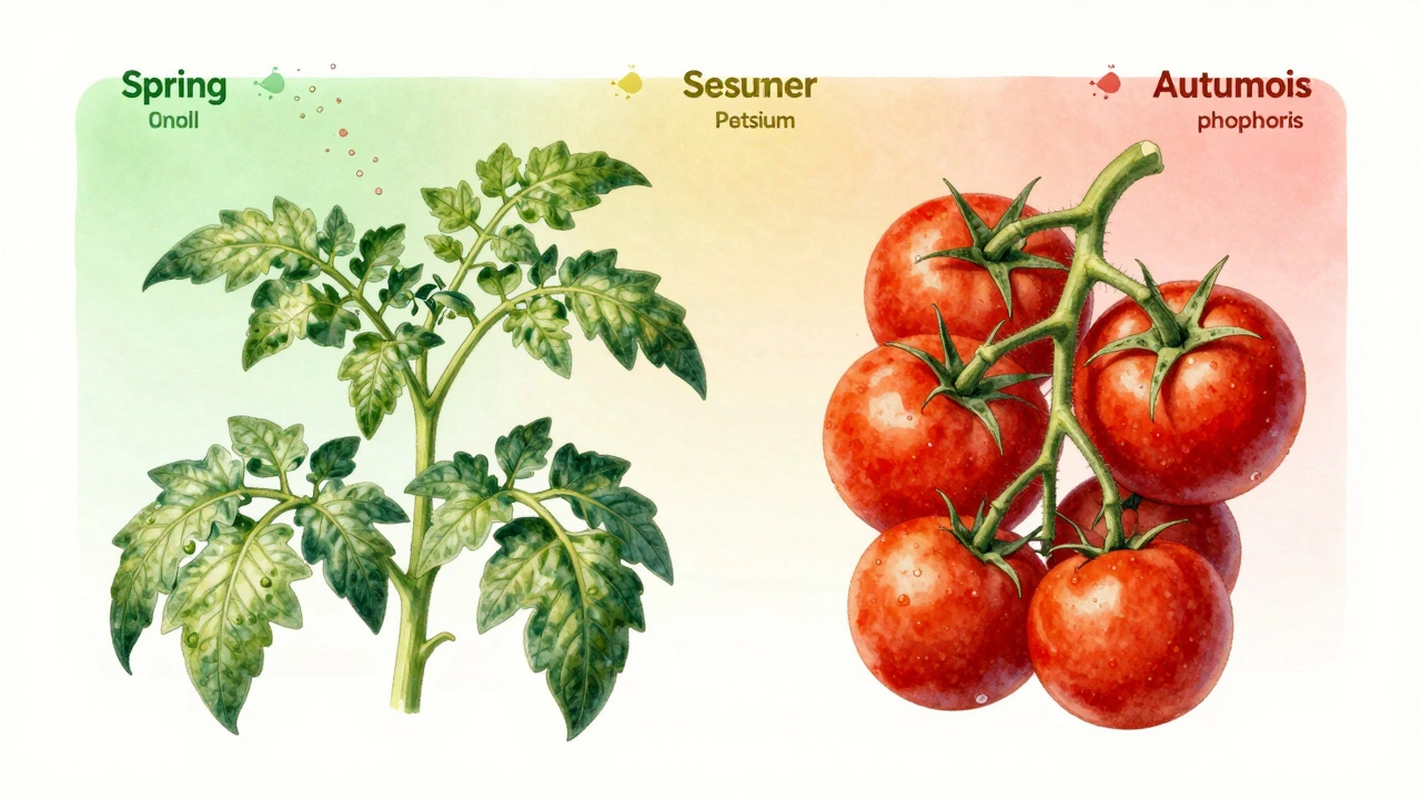 Сравнение томата: одна сторона — избыток азота, другая — сбалансированное питание с плодами, сезонные этапы удобрений.