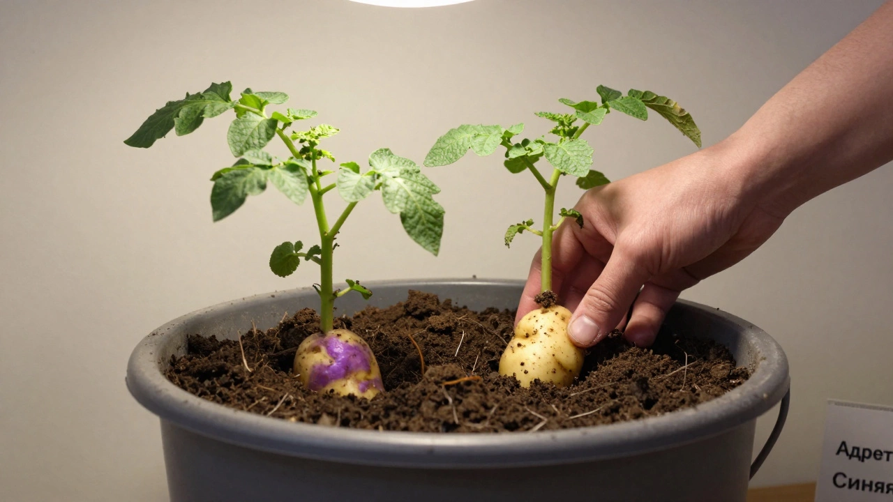 В ведре выращена картошка: рука вынимает чистые клубни из земли, видны сорта Адретта и Синяя.